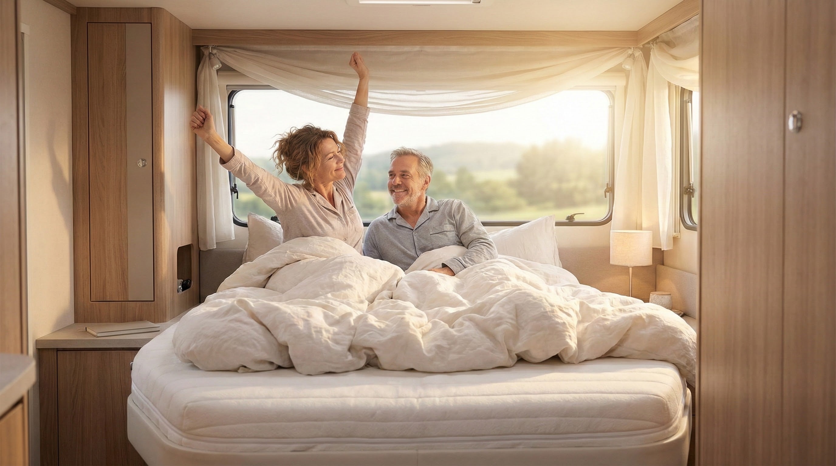 A happy couple in their 50s waking up refreshed on a comfortable mattress inside a motorhome, woman stretching contentedly while man smiles, morning sunlight through window showing countryside views